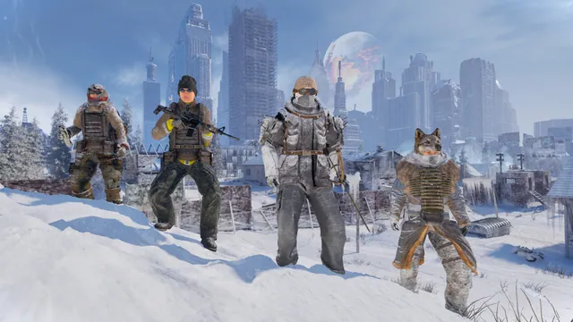 Permafrost survivors standing together with a dog, illustrating multiplayer