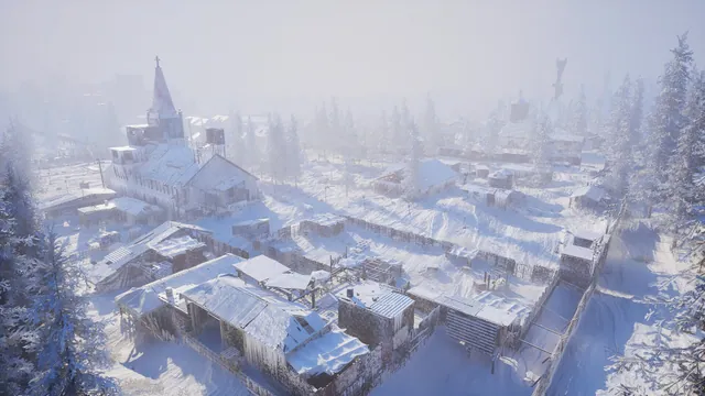 Aerial view of a frozen Permafrost settlement and route